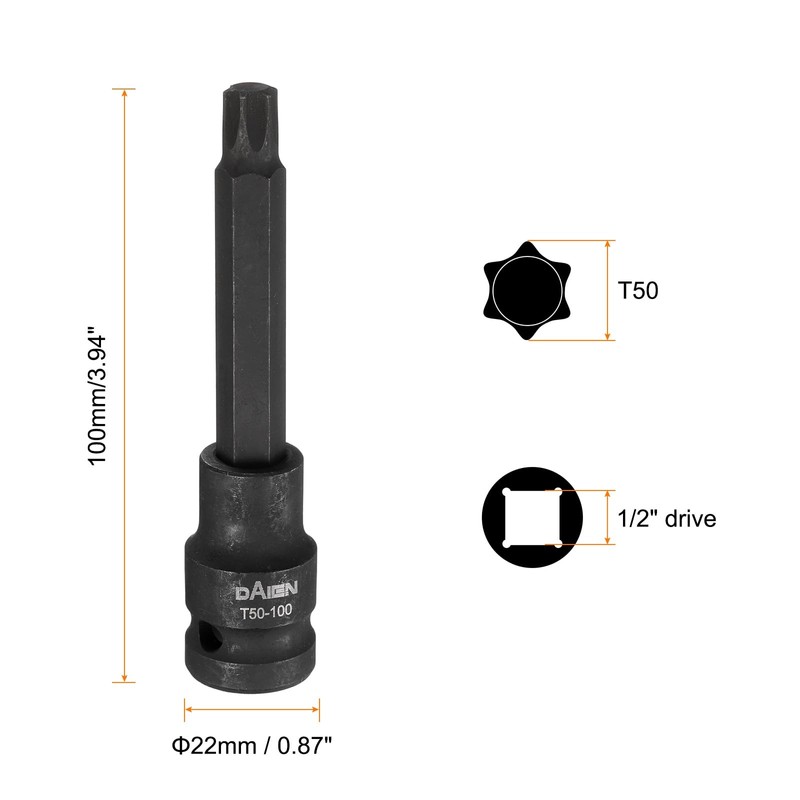 HARFINGTON 5pcs T50 Torx Bit Socket 100mm/3.94" Length 1/2" Square