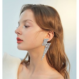 Met-edianger Silver Lightning Bolt Rhinestone Statement Earrings Flash Costume Earrings Clear Crystal Drop Dangle Earrings for Women