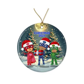 P!J Ma!sk Cartoon Ornament - P!J Ma!sk Fans Keepsake - Holiday Decoration Ornament - Circle Ceramic Ornament - Boys Xmas Ornament Printed on Both Sides