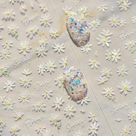 White Daisy Nail Stickers 5D Embossed Flower Nail Art Stickers Cute Daisy Nail Decals Self Adhesive Floral Nail Supplies Spring Summer Flowers Sticker for Women Manicure Sliders Decoration Kits