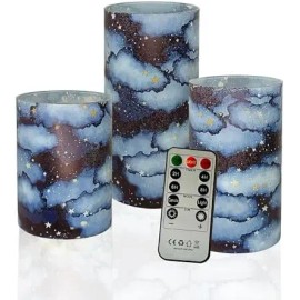 Vintage Blue Floral Print 3-Pack Flameless LED Pillar Candles 11-Key Remote Timer Star String Lights Battery Operated for Homecolor: Navy, size: High:6" x 3" ;Medium:5" x 3" ;Low:4" x 3"