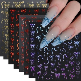 8 Sheets Colorful Bow Nail Art Stickers Gold Pink Red Laser Mini Bow Nail Decals 3D Self-Adhesive Bow-Knot Nail Supplies Heart Line Nails Stickers for Women Girls DIY Acrylic Nail Manicure Accessories