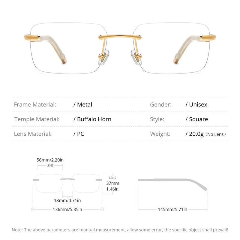 HEPIDEM 100% Really Buffalo Horn Handmade Glasses Frame Square Rimless