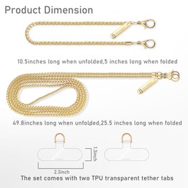 Derraffina Metal Phone Chain,Hands-Free Cell Phone Chain Crossbody Detachable Phone Strap Fits for Smartphone,1* Phone Lanyard,1*Phone Wristlet Strap,2*Cell Phone Tether Tabs (Gold,Long)