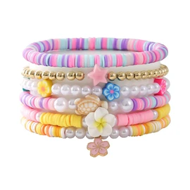 Bohemia Surfer Heishi Bead Bracelets Set Y2k Star Flower Charms Pearl Bracelets Sea Turtle Evil Eye Colorful Clay Beaded Stretch Bracelet for Women Summer Beach Jewelry Gifts -Style 4