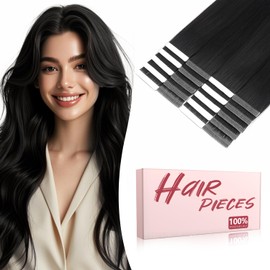 TESSHAIR Human Hair Tape in Extensions,Double Stitched Remy Human Hair Extensions Tape ins,No Tangle & Smooth,22 Inch-10pcs,#01 Jet Black