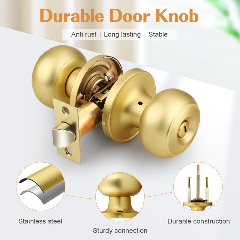 Probrico Brushed Brass Bed/Bath Knobs Keyless Privacy Interior Doors Locksets,