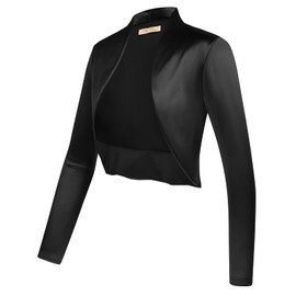 Women Vintage Satin Bolero Shrugs for Dresses Stretchy Lightweight Cropped Cardigan Black L