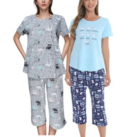 dodoin 2 Pack Womens Pajamas Set Cotton Sleepwear Short Sleeve Tops and Capri Pants Fun Prints Pjs(GO+BC,S)