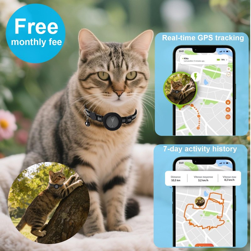 Pet GPS Tracker Collar for Cats,Mini GPS Dog Tracker,No Monthly