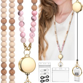 YAVVOZH Teacher Lanyard with Id Holder, Cute Lanyards for Id Badges Keys, Retractable Natural Wooden Beaded Lanyard for Women, Pale Pink