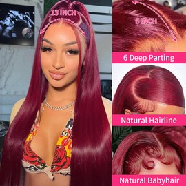 34 Inch 99J Burgundy Lace Front Wigs Human Hair 200% Density 13x6 Straight Lace Front Wigs Human Hair Pre Plucked Red Lace Frontal Wig for Women Glueless Human Hair Wig with Baby Hair Natural Hairline