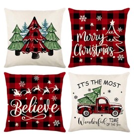 FengRise Christmas Cushions Covers Set of 4,Red Black Tartan Christmas Pillow Cases 45×45cm, Linen Throw Square Pillow Covers, Xmas Cushions Covers for Winter Sofa Couch Bedroom Home Xmas Decorations