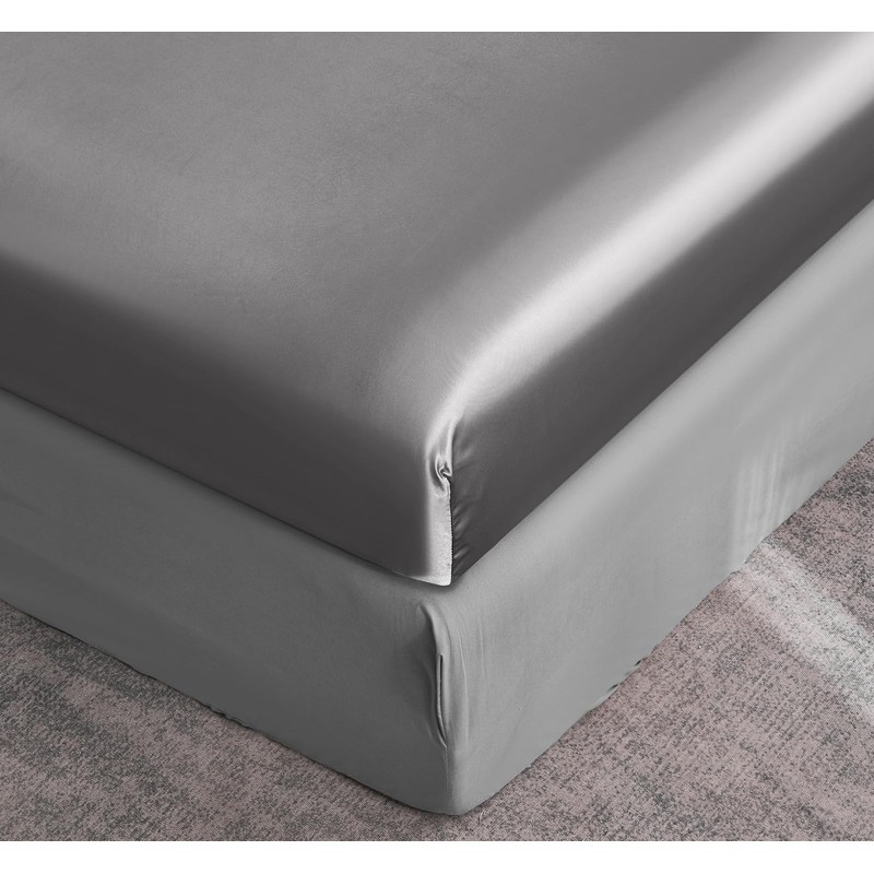 DuShow Satin Fitted Sheet King Dark Grey,Silky Deep Pocket Satin