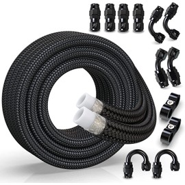 RENO 6AN Fuel Line Kit, 6AN Fuel Line Fittings PTFE E85 Nylon Braided Fuel Hose Reel with Fitting Hose Separator Clamp(20FT, 5/16 inch ID, Black)