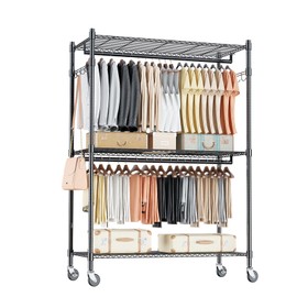 Homdox 3 Tier Heavy Duty Garment Rack with Wheels, Adjustable Wire Clothes Rack with Double Hanging Rods, Portable Closets for Hanging Clothes with Side Hooks, Black