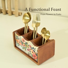 Brick Brown ® Premium Wooden Pastel Flora Cutlery Holder Spoon stand for kitchen | cutlery holder for dining table | wooden caddy storage organiser stand with 3 section Caddy holder (8.2x4.2x4 inch)