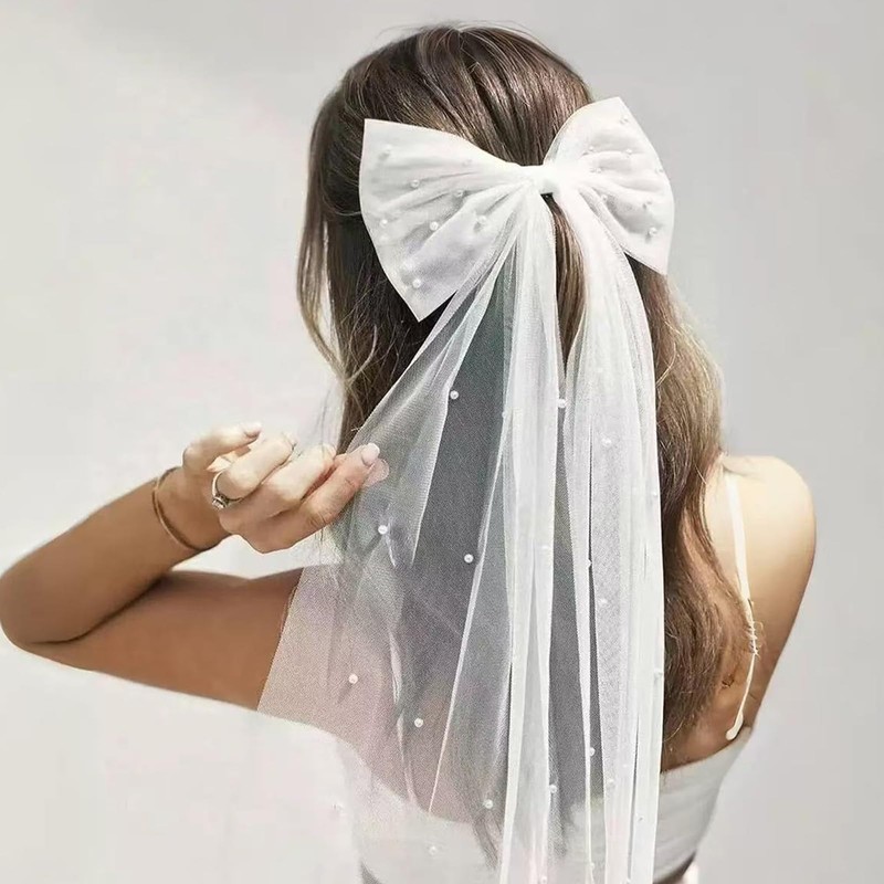 Bridal Hair Bow Veil with Pearl,Bride to Be Sash,White Hair