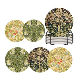 ubcindy William Morris Tree of Life Coasters Set of 6 for Drinks,Round Absorbent Ceramic Stone Coaster with Metal Holder,Sage Green Golden Lily Coasters with Cork Base for Coffee Kitchen Decor Gifts