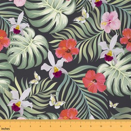 Tropical Fabric by The Yard, Retor Floral Upholstery Fabric for Chairs, Summer Tropical Palm Tree Leaves Decorative Fabric, Fabric for Arts Craft Patchwork, 2 Yards, Green Red Black