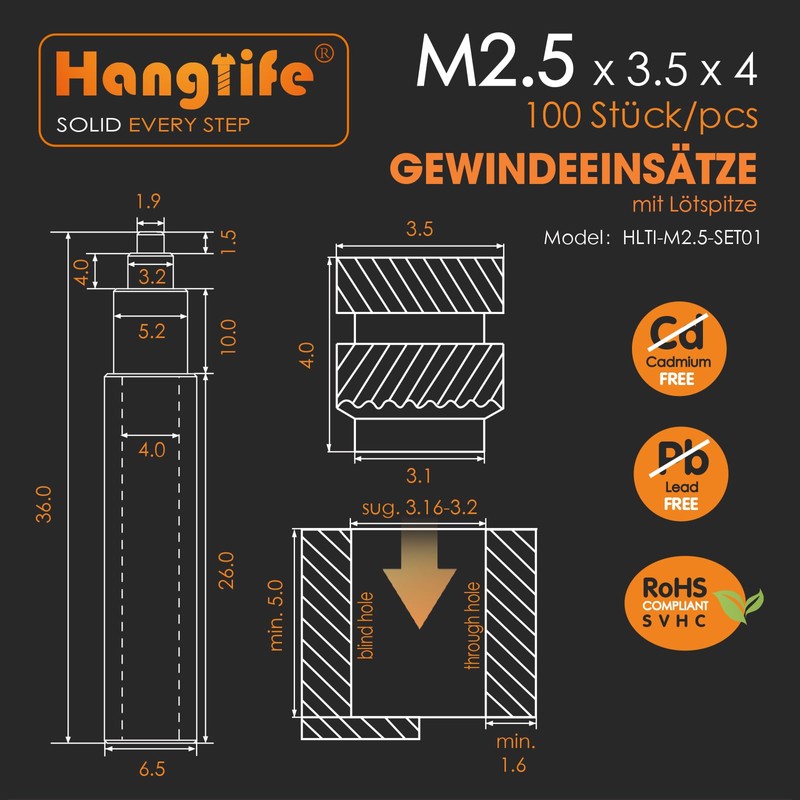 HANGLIFE M2.5 Threaded Inserts with Soldering Tips, Melting Aid, Press-in