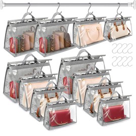 12 Pack Dust Bags for Handbags, 4 Sizes Gray Purse Storage Organizer with Zipper and Hook, Dustproof & Moistureproof Handbag Protector for Closet