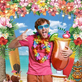 LIVUCEE 6x8ft Summer Hawaiian Beach Backdrop for Photography Tropical Flower Luau Hawaiian Party Decorations Aloha Blue Sky Ocean Palm Leaves Background Supplies Photoshoot