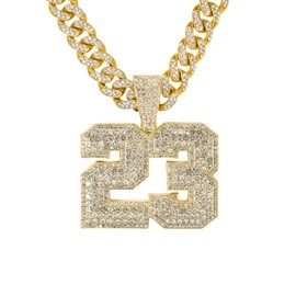 Men’s Large Iced-Out Basketball Pendant Necklace – 24-Inch Cuban Chain, Hip Hop Streetwear Jewelry, Gift for Him - Number 23 Pendant - Gold
