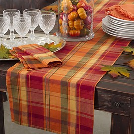 Terracotta Orange Holiday Harvest Plaid Design Cotton Runner. 16"x108" Oblong