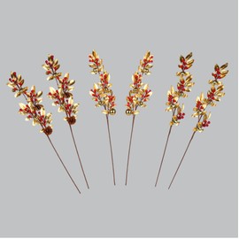 6 Pack Christmas Festive Long Picks with Artificial Golden Leaves, Red Berries, Golden Bells, and Real Pine Cone Accents for Holiday Decoration, 3 Designs (Gold)