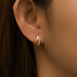 SAINT RAPHAËL Gold Triple Hoop Huggie Earrings for Women, 18k Gold Plated 925 Sterling Silver Hypoallergenic Crystal Small Hoop Earrings (Gold)