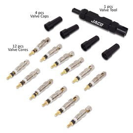 JACO Presta Valve Core Repair Kit for Bike Tires | with (12X) Replacement Valve Cores, (4X) Valve Caps, and Valve Removal Tool