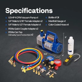 Upgraded 1/3 HP HVAC Vacuum Pump and Gauge Set 4 CFM Manifold Gauge Kit w/ Hose