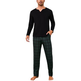 Bresdk Men's Pyjamas Sets Soft Cotton Mens Pjs Sets Long Sleeve Loungewear for Men V-neck Top and Plaid Bottoms Nightwear Sleepwear with Pockets Black