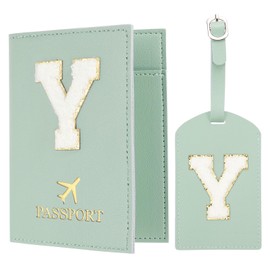 PATIKIL Passport Holder for Travel, Initial Passport Cover and Luggage Tag Set with Alphabet Chenille Letter Patch Travel Wallet Bag Suitcase Identifier for Women Family Travel Green Y
