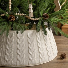 Knitted Christmas Tree Collar: Cream White Double Cable Knit Vertical Crochet Tree Ring, Rustic Boho Thick Chunky Christmas Tree Base Cover for Artificial Trees Farmhouse Xmas Holiday Home Décor Gifts