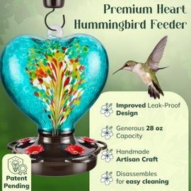 Hand Blown Glass Hummingbird Feeder for Outdoors All Season Use - 28 Fl. Oz. Leak Proof Hummingbird Feeder with Rust Proof Base - Includes Ant Moat, Ant & Bee Proof (Teal)