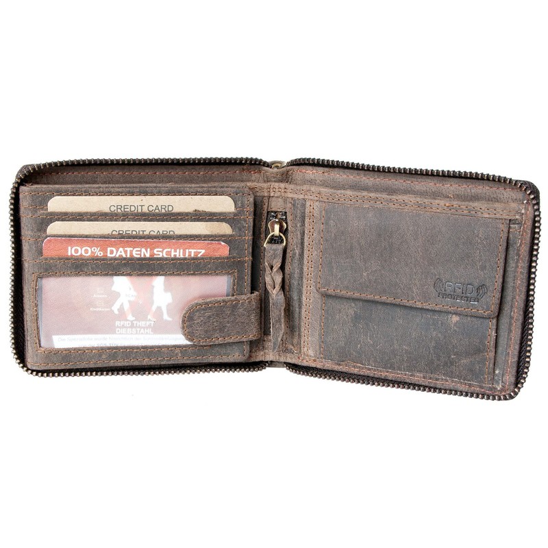 Men's Genuine Leather Metal Zip-Around RFID Genuine Leather Wallet with