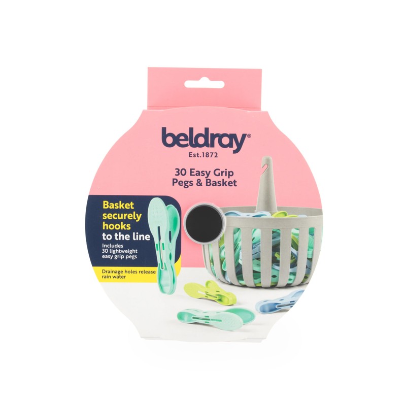 Beldray 30 Ultra Grip Pegs& Basket– Collapsible Peg Basket, Hooks