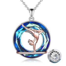 POPLYKE Gymnastics Necklace Gifts Sterling Silver Gymnastics Pendant with Blue Crystal Necklace Jewelry for Women Daughter