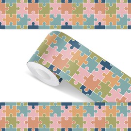 Motiskyy 65 Feet Boho Puzzle Bulletin Board Borders Back to School Bulletin Border Board Puzzle Pieces Straight Wavy Scalloped Trim Borders for Classroom Office Home Decor