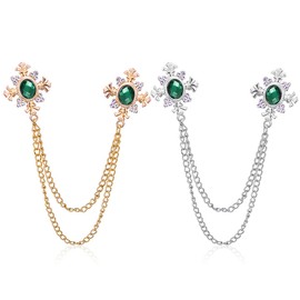 Cross Crystal Tassel Chain Brooch.Gold Silver Tassel Collar Pins Broochs Rhinestone Lapel Pin for Men Women Suit Accessories (Green)