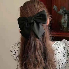W WEILIRIAN Satin Hair Bows Black Bow Hair Clips Band Hair Barrettes Clip Large Solid Colour Bowknot Hairpin French Hair Barrette Scrunchies Ponytail Hair Styling Accessories (Black)