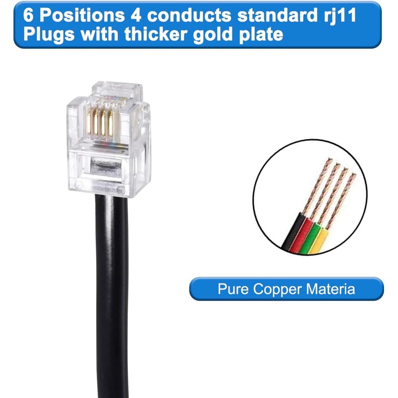 Long Telephone Extension Cord 6 FT, Black, Phone Cable Line