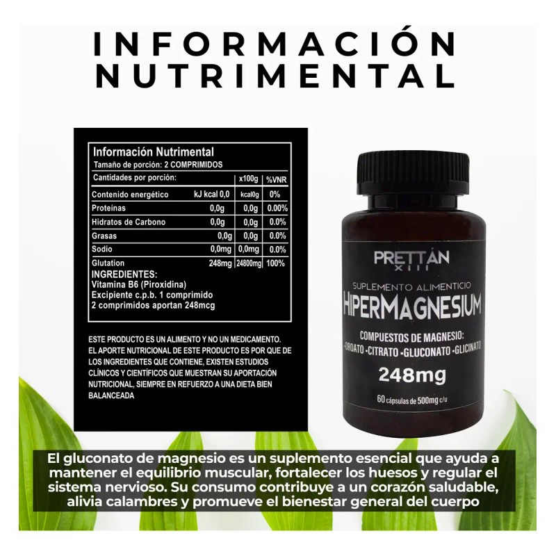 Hipermagnesio Glicinato Citrato Gluconato Prettan 500mg 60c