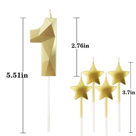 Golden Number 1 2.76 inch 3D Diamond Shaped Birthday Candles - Suitable for Birthday Parties and Anniversary Cake Decorations