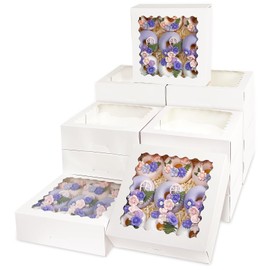 Bakepacker 55pcs White Pie Boxes 8x8x2.5 inches Easy Assemble Macaroon Bakery Boxes Cookie Boxes with Window for Bakery (Auto-pop Up)