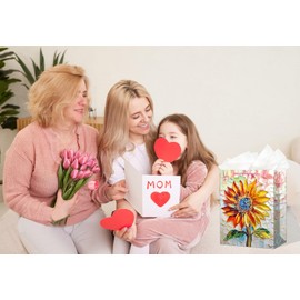 D4DREAM SunFlower Gift Bag with Tissue Paper 11.5”Yellow Floral Mothers Day Gift Bag with Handles for Mom Medium Scraper Art Paper Gift Bags for Birthday Wedding Anniversary Baby Shower Bridal Shower