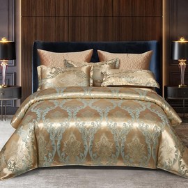 DXHOME Bed Linen 135 x 200 cm, Gold Beige Silk Satin Duvet Cover Set, Baroque Soft Microfibre Reversible Bed Linen Duvet Cover with Zip + 1 Pillowcase 80 x 80 cm
