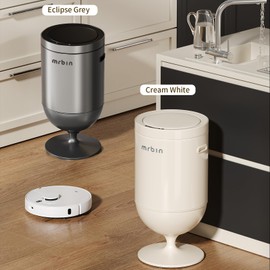 MRBIN Metal Bathroom Motion Sensor Trash Can with Lid, 5.3 Gallon Wine Glass Shaped Automatic Waste Basket Touchless, Smart Round Tall Garbage with High Leg for Office, Bedroom, Kitchen, Cream White